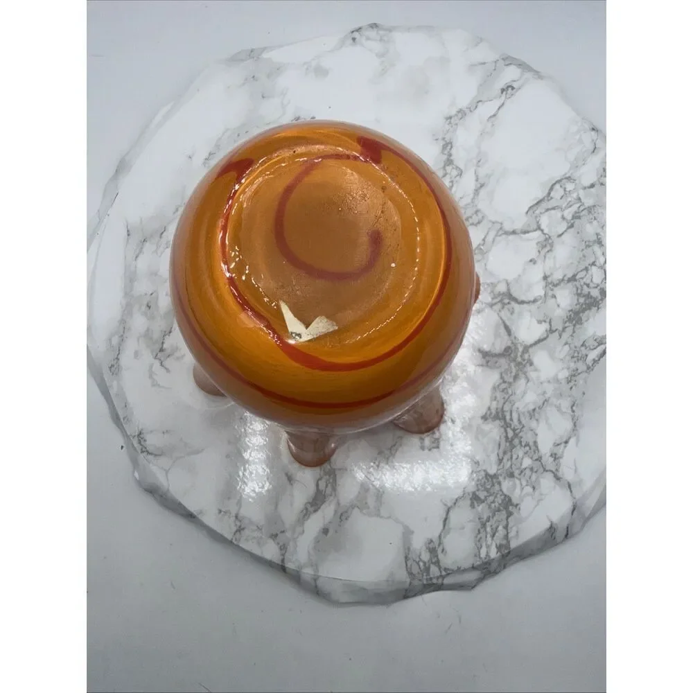 Vintage Handkerchief Vase Art Glass Cased Round 2 Tone Orange Stripes 7”H
